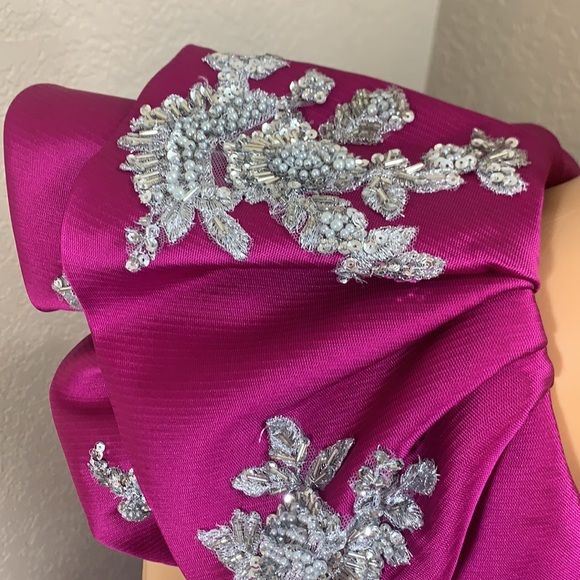 Half Shoulder High Low Fuchsia Evening Gown Size 4 - Picture 6 of 12